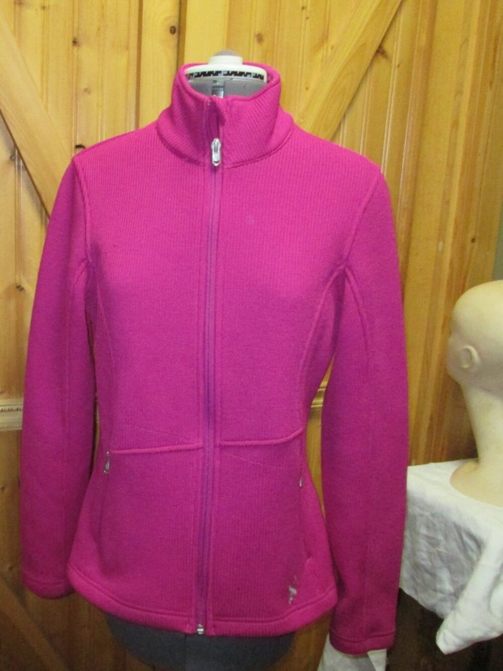 ladies Spyder Med Core sweater jacket cable knit full zip logo back front pink - Picture 2 of 5